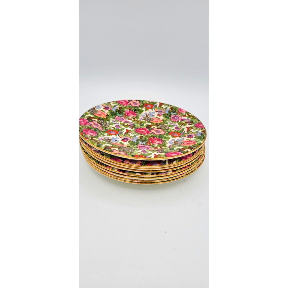 Crown Ducal England Floral Chintz Round Ceramic Plates Set 8 Vtg Gold Trim 6.25"